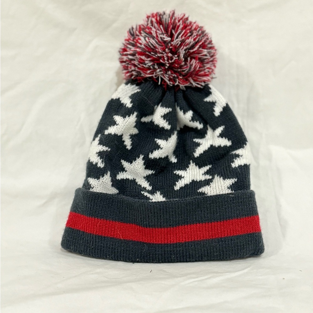 Red and Blue Star Pattern Beanie with Pom-Pom
